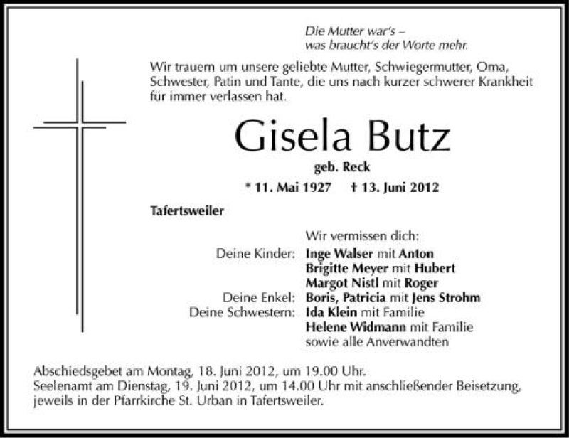  Traueranzeige für Gisela Butz vom 16.06.2012 aus Schwäbische Zeitung