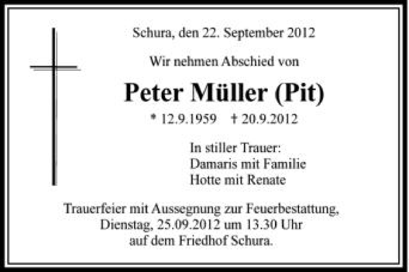  Traueranzeige für Peter Müller vom 22.09.2012 aus Schwäbische Zeitung