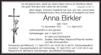 Anzeige von Anna Birkler von Schwäbische Zeitung