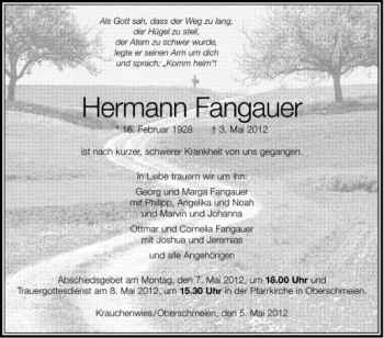Anzeige von Hermann Fangauer von Schwäbische Zeitung