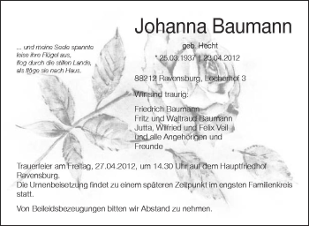 Anzeige von Johanna Baumann von Schwäbische Zeitung