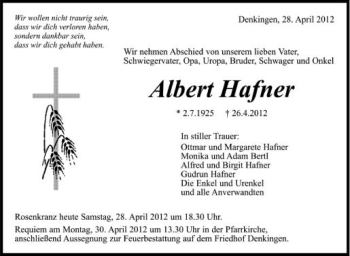 Anzeige von Albert Hafner von Schwäbische Zeitung