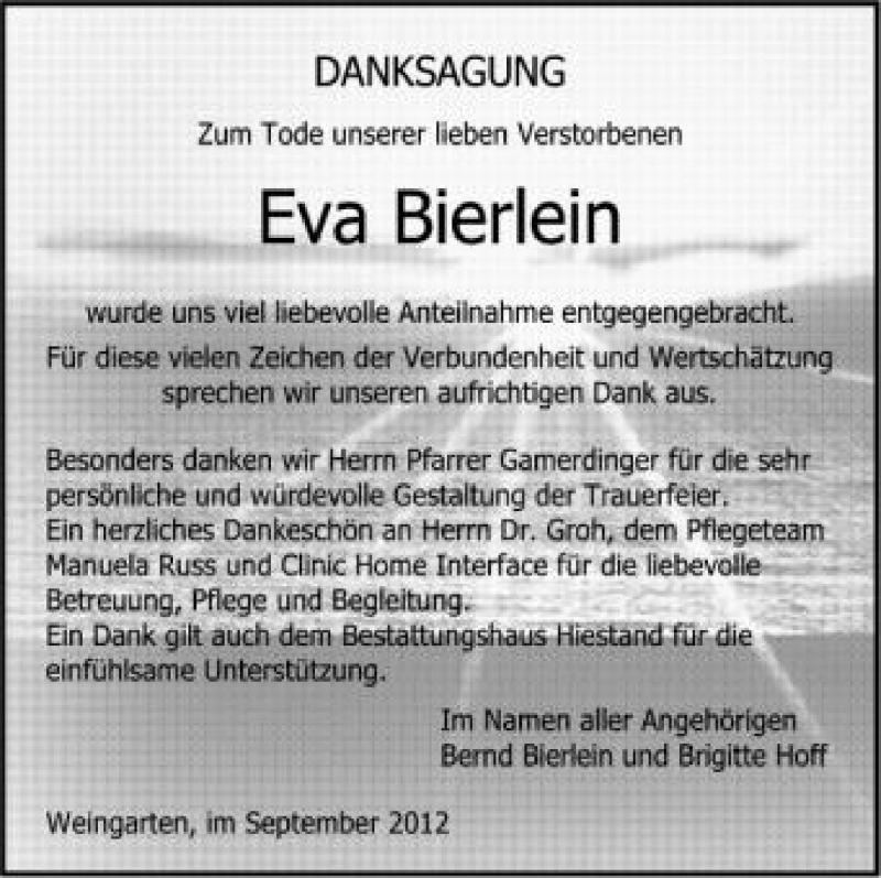  Traueranzeige für Eva Bierlein vom 20.09.2012 aus Schwäbische Zeitung