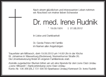 Anzeige von Irene Rudnik von Schwäbische Zeitung