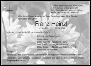 Anzeige von Franz Heinzl von Schwäbische Zeitung