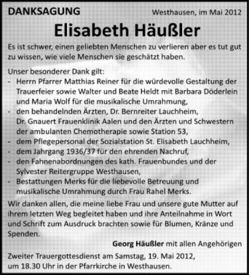  Traueranzeige für Elisabeth Häußler vom 16.05.2012 aus Schwäbische Zeitung