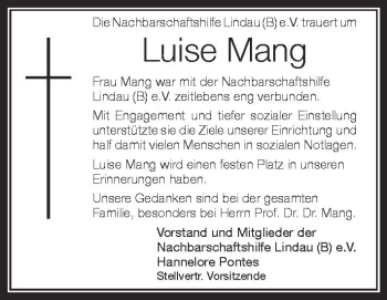 Anzeige von Luise Mang von Schwäbische Zeitung