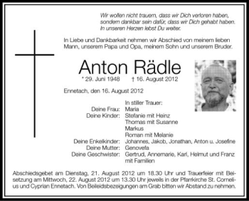 Anzeige von Anton Rädle von Schwäbische Zeitung