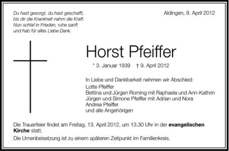  Traueranzeige für Horst Pfeiffer vom 11.04.2012 aus Schwäbische Zeitung