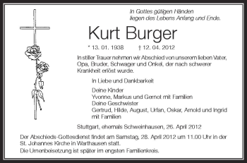 Anzeige von Kurt Burger von Schwäbische Zeitung