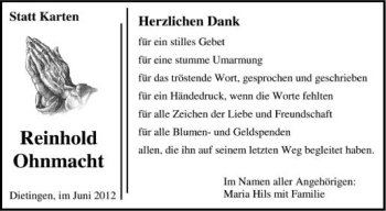 Anzeige von Reinhold Ohnmacht von Schwäbische Zeitung