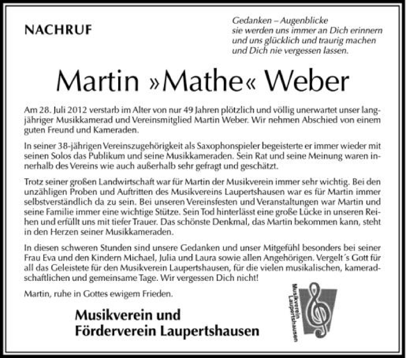  Traueranzeige für Martin Weber vom 04.08.2012 aus Schwäbische Zeitung