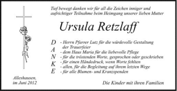 Anzeige von Ursula Retzlaff von Schwäbische Zeitung