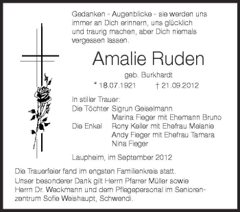 Anzeige von Amalie Ruden von Schwäbische Zeitung