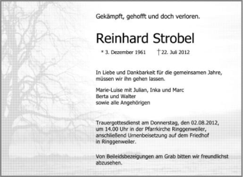 Anzeige von Reinhard Strobel von Schwäbische Zeitung