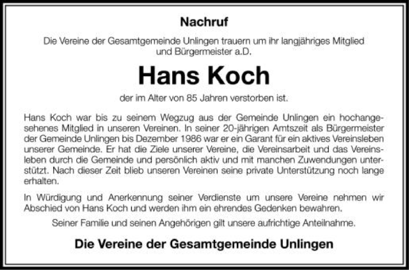  Traueranzeige für Hans Koch vom 19.06.2012 aus Schwäbische Zeitung