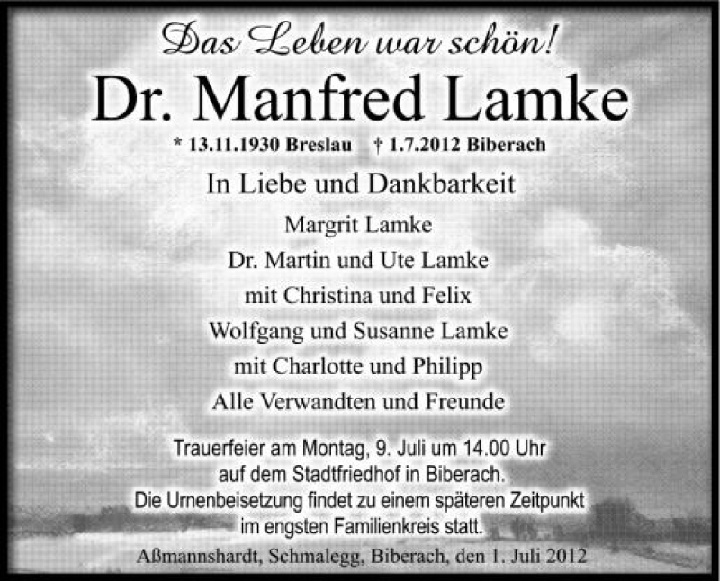  Traueranzeige für Manfred Lamke vom 07.07.2012 aus Schwäbische Zeitung