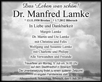 Anzeige von Manfred Lamke von Schwäbische Zeitung