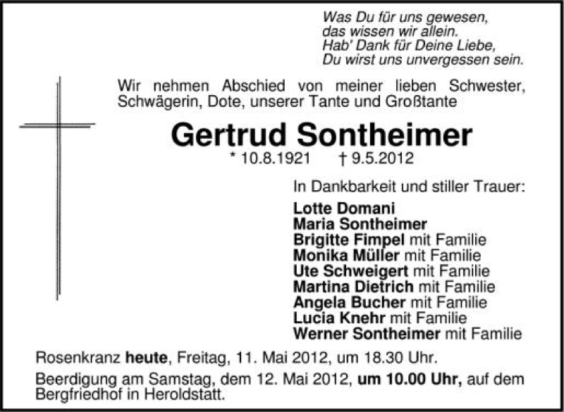  Traueranzeige für Gertrud Sontheimer vom 11.05.2012 aus Schwäbische Zeitung