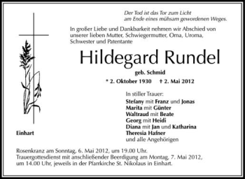 Anzeige von Hildgeard Rundel von Schwäbische Zeitung