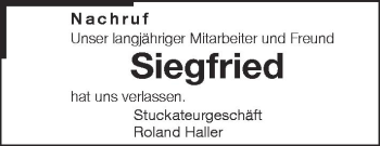 Anzeige von Siegfried  von Schwäbische Zeitung