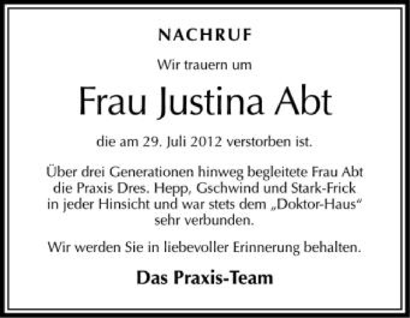  Traueranzeige für Justina Abt vom 03.08.2012 aus Schwäbische Zeitung