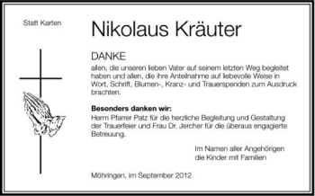Anzeige von Nikolaus Kräuter von Schwäbische Zeitung