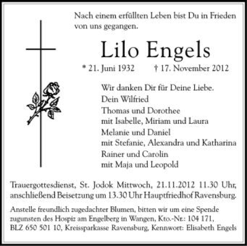 Traueranzeige für Lilo Engels vom 19.11.2012 aus Schwäbische Zeitung