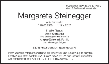 Anzeige von Margarete Steinegger von Schwäbische Zeitung