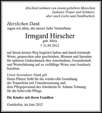 Anzeige von Irmgard Hirscher von Schwäbische Zeitung