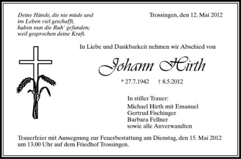  Traueranzeige für Johann Hirth vom 12.05.2012 aus Schwäbische Zeitung