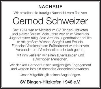 Anzeige von Gernod Schweizer von Schwäbische Zeitung