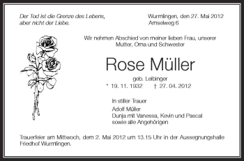 Anzeige von Rose Müller von Schwäbische Zeitung
