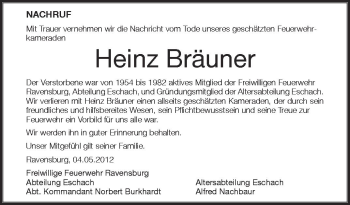 Anzeige von Heinz Bäumer von Schwäbische Zeitung
