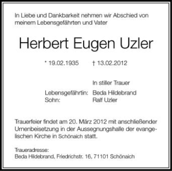 Anzeige von Herbert Eugen Uzler von Schwäbische Zeitung