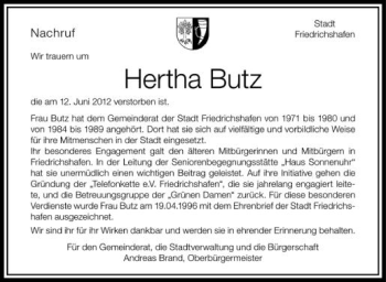 Anzeige von Hertha Butz von Schwäbische Zeitung