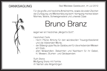 Anzeige von Bruno Branz von Schwäbische Zeitung