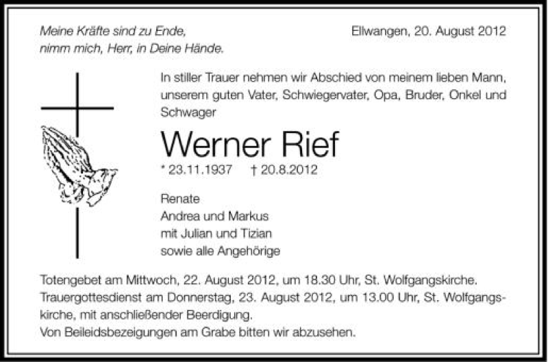  Traueranzeige für Werner Rief vom 22.08.2012 aus Schwäbische Zeitung