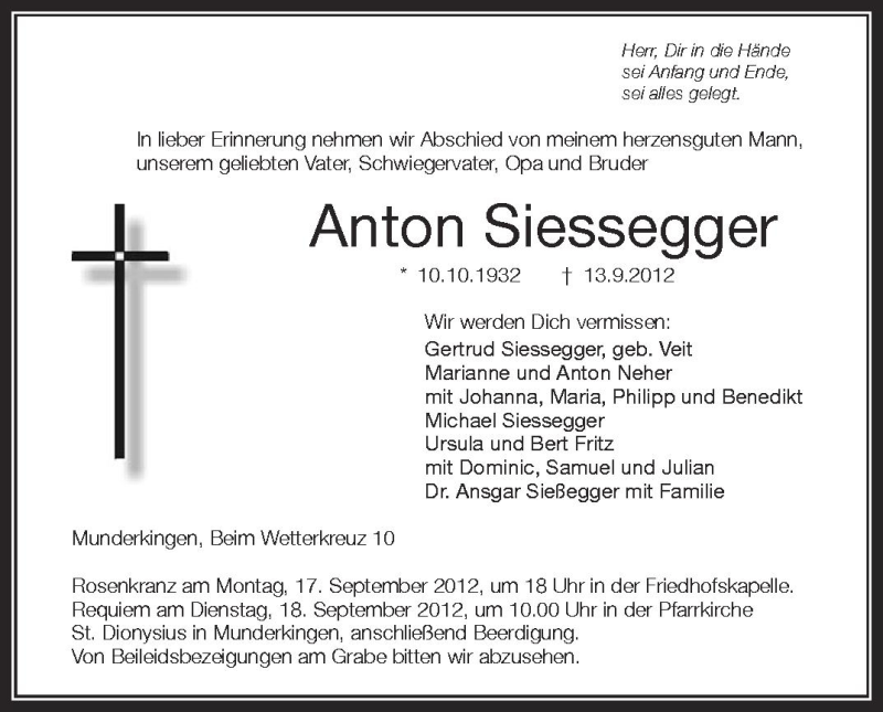  Traueranzeige für Anton Siessegger vom 15.09.2012 aus Schwäbische Zeitung
