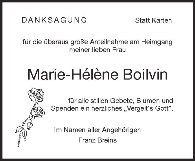  Traueranzeige für Marie-Hélène Boilvin vom 28.04.2012 aus Schwäbische Zeitung