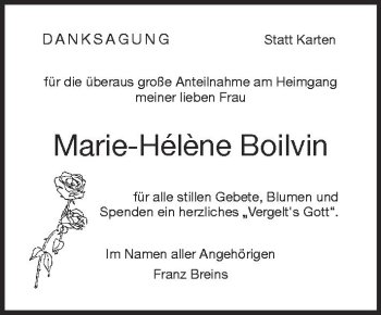 Anzeige von Marie-Hélène Boilvin von Schwäbische Zeitung