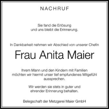 Anzeige von Anita Maier von Schwäbische Zeitung