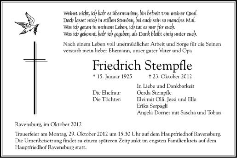  Traueranzeige für Friedrich Stempfle vom 25.10.2012 aus Schwäbische Zeitung