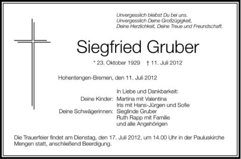  Traueranzeige für Siegfried Gruber vom 14.07.2012 aus Schwäbische Zeitung