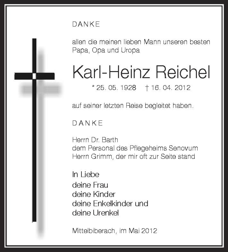  Traueranzeige für Karl-Heinz Reichel vom 12.05.2012 aus Schwäbische Zeitung