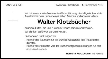 Anzeige von Walter Klotzbücher von Schwäbische Zeitung