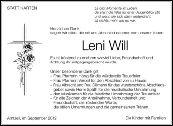 Anzeige von Leni Will von Schwäbische Zeitung