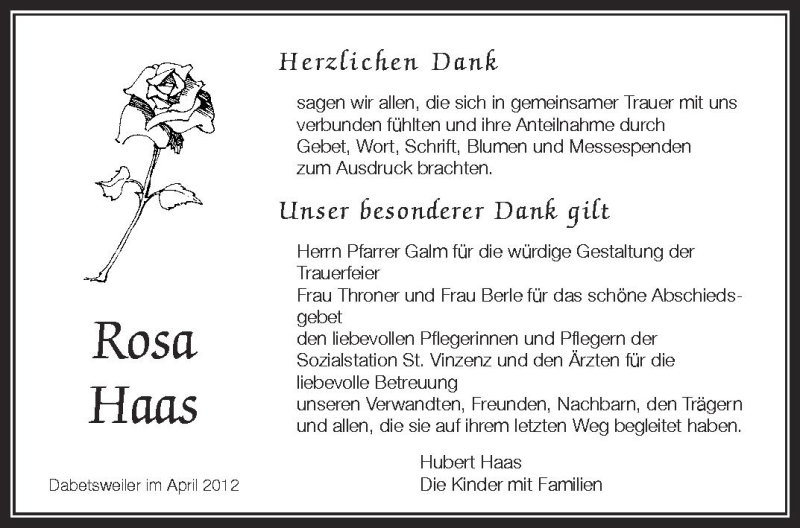  Traueranzeige für Rosa Haas vom 28.04.2012 aus Schwäbische Zeitung