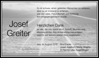 Anzeige von Josef Greiter von Schwäbische Zeitung