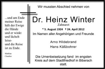 Anzeige von Heinz Winter von Schwäbische Zeitung